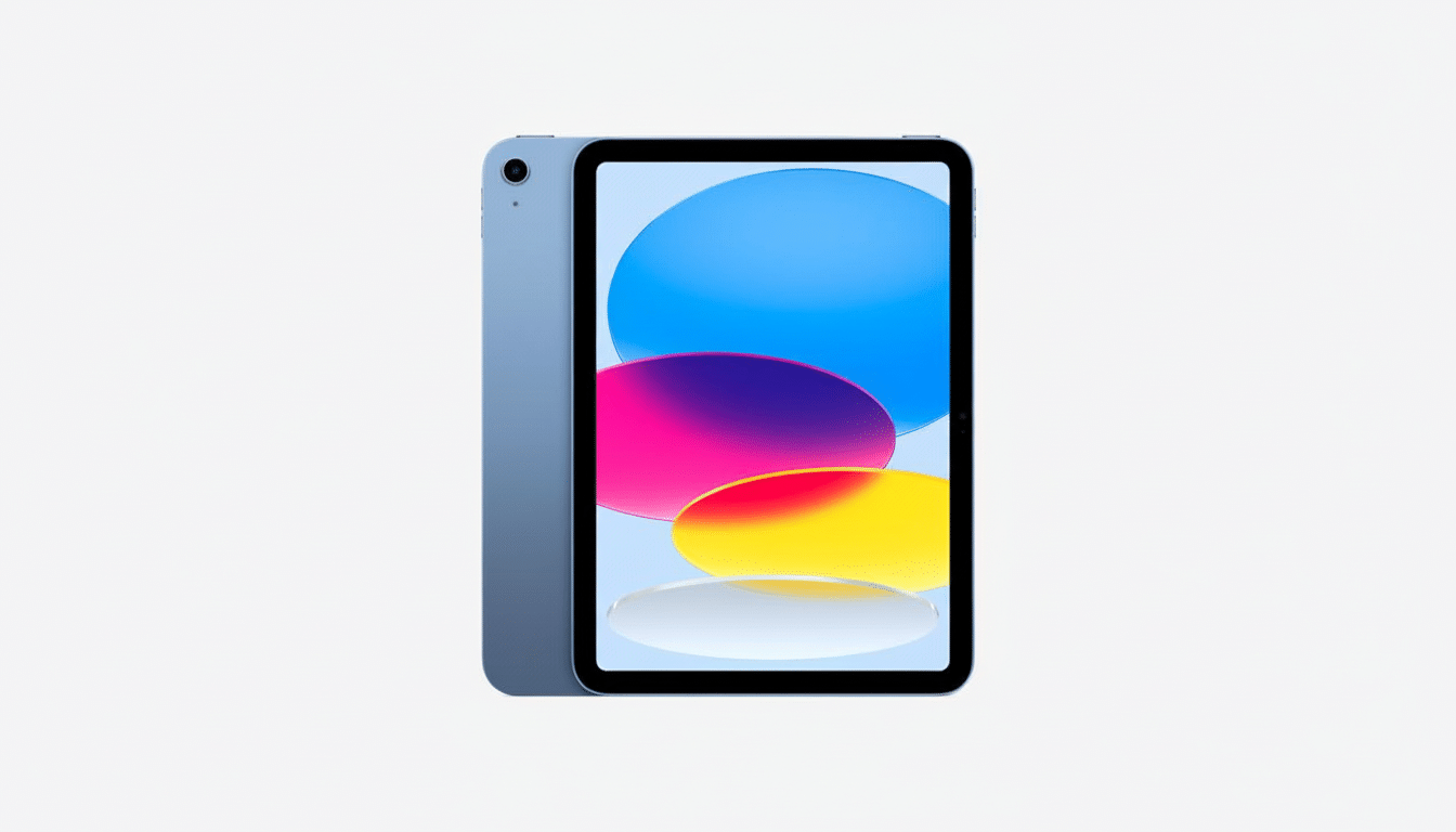 A blue iPad with a colorful screen display on a clean white background, presented in a 16 :9 aspect ratio .