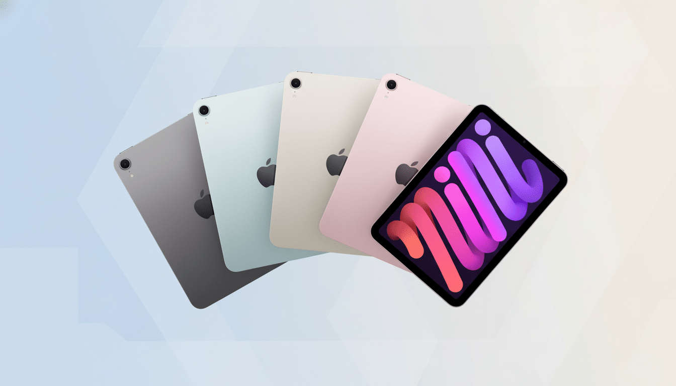 A 16: 9 aspect ratio image of five iPad Minis in different colors ( space gray, blue , st arlight, a