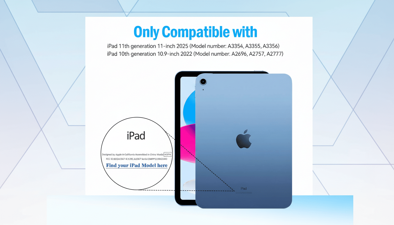 ** iPad compatibility graphic with a blue iPad and a white box listing compatible models against a professional flat design background. **