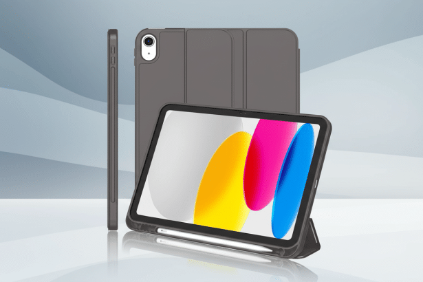 An iPad in a dark gray case, displayed at a slight angle with its cover folded back , revealing a colorful screen. Another iPad, identical in color and case, stands upright in the background. A white stylus rests in front of the angled iPad. The background is a professional flat design with soft gray patterns.
