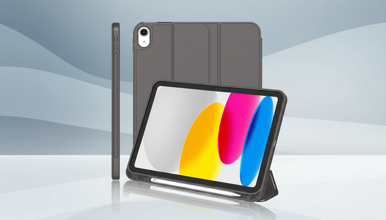 An iPad in a dark gray case, displayed at a slight angle with its cover folded back , revealing a colorful screen. Another iPad, identical in color and case, stands upright in the background. A white stylus rests in front of the angled iPad. The background is a professional flat design with soft gray patterns.