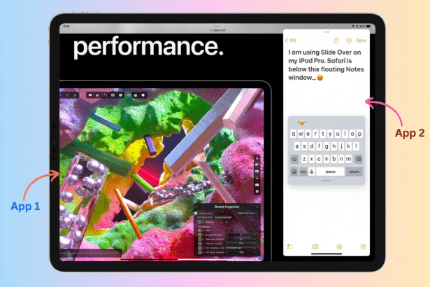 An iPad Pro displaying a split screen with two applications: App 1 showing a vibrant 3 D rendering environment , and App 2 displaying a notes application with a keyboard open .