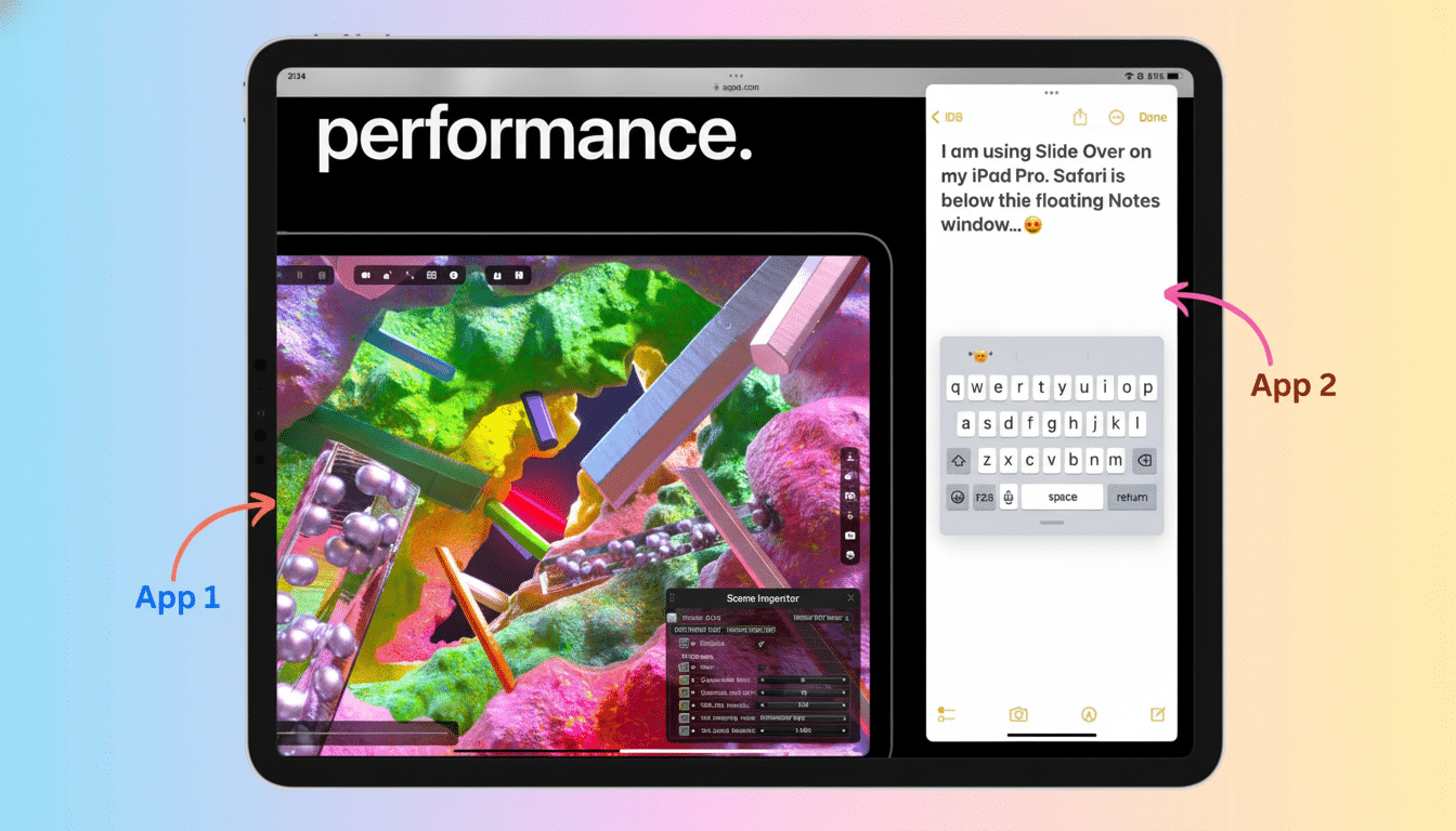 An iPad Pro displaying a split screen with two applications: App 1 showing a vibrant 3 D rendering environment , and App 2 displaying a notes application with a keyboard open .