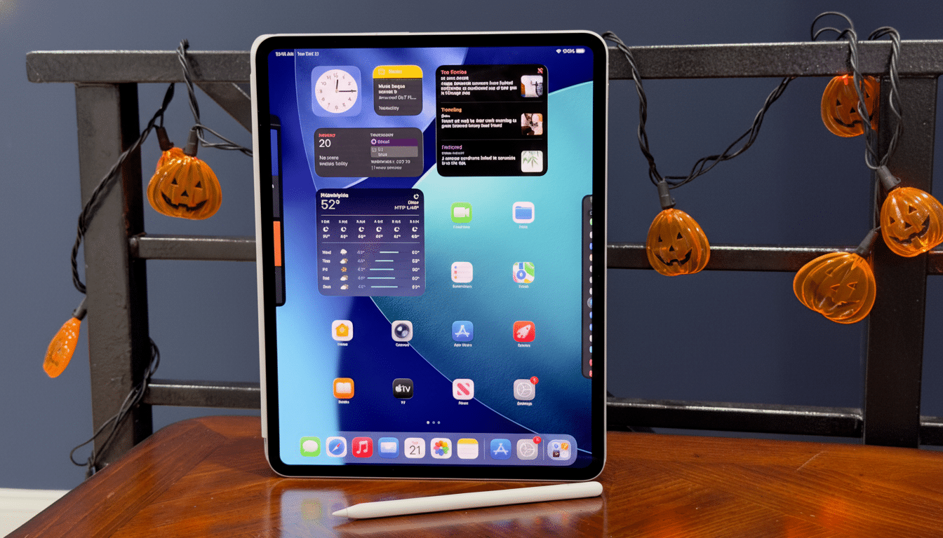 An iPad displaying various widgets and apps, set on a wooden table with Halloween pumpkin lights in the background.