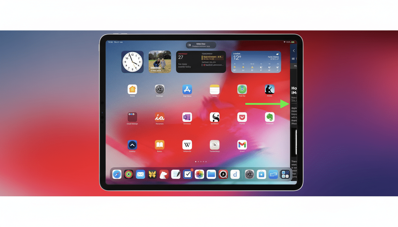 A professional , enhanced image of an iPad home screen with various app icons, widgets for time, weather, and calendar , and a green arrow pointing to the Kindle app. The image has been resized to a 16:9 aspect ratio with a subtle red and purple gradient background.