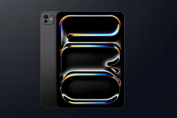 A dark gray iPad Pro and an iPhone, both displaying abstract , colorful, and reflective shapes against a professional dark background with subtle geometric patterns .