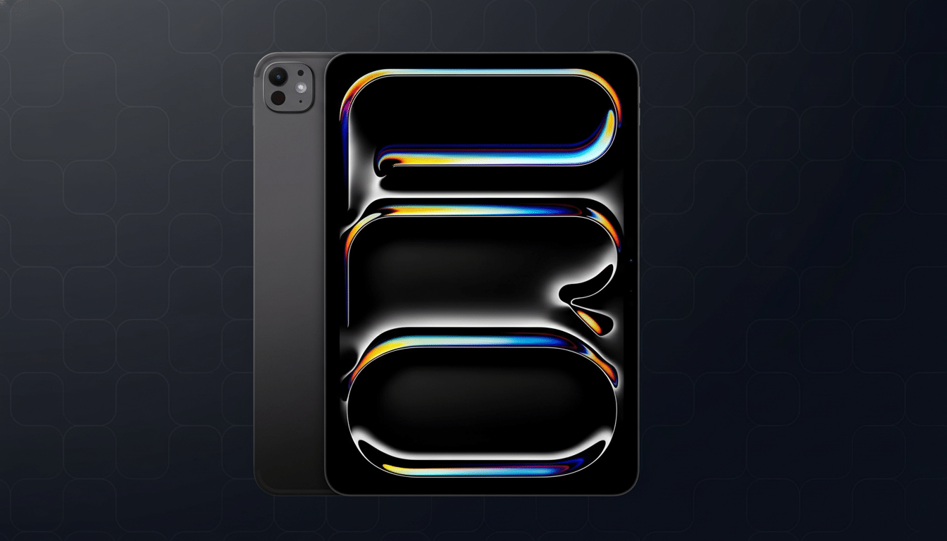 A dark gray iPad Pro and an iPhone, both displaying abstract , colorful, and reflective shapes against a professional dark background with subtle geometric patterns .