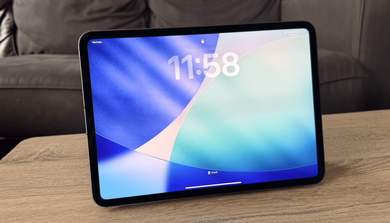 An iPad displaying a blue and white abstract background with the time 1 1: 58 on its lock screen, sitting on a wooden surface with a dark sofa in the