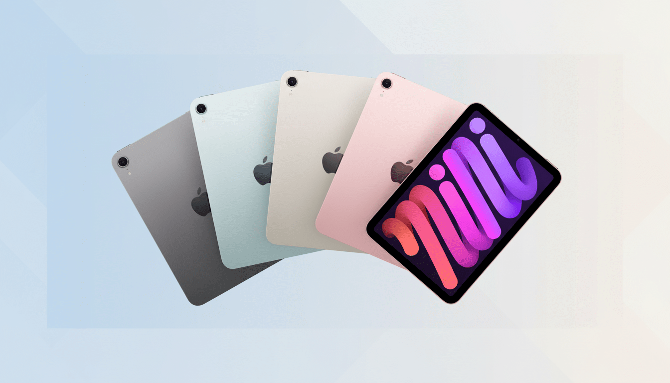 A professional image of four iPad Mini devices in different colors ( space gray, blue, st arlight, and purple ), f anned out with the purple iPad Mini