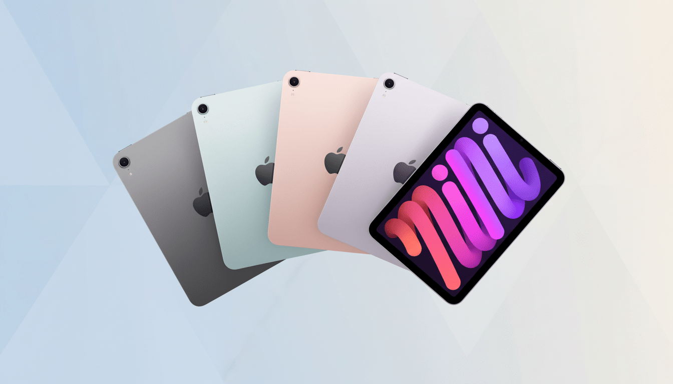 A professional arrangement of four iPad Minis in different colors ( space gray, pink, purple, and st arlight), f anned out on a soft gradient backgrou