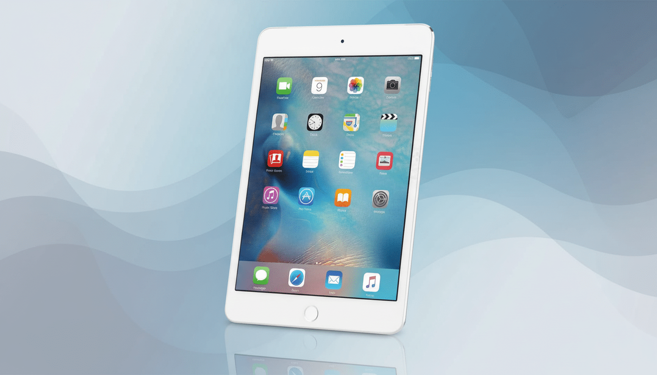 A white iPad Mini displaying various app icons on its screen, set against a professional background with soft blue and grey gradients.