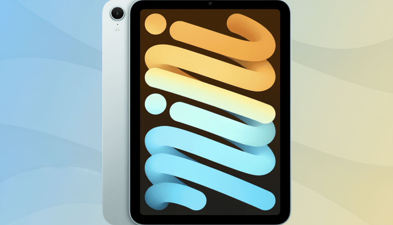 An iPad Mini in a professional flat design background with a soft blue and orange gradient.