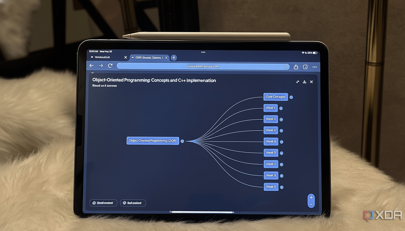 An iPad displaying a mind map about Object-Oriented Programming (OOP), with a stylus resting on top, presented in a 16: 9 aspect ratio.