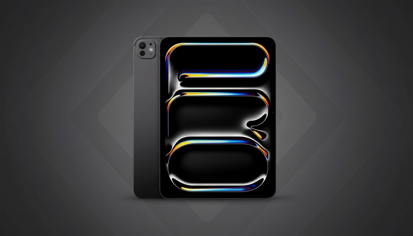 A dark grey iPad Pro, viewed from the front , with its screen displaying abstract, colorful , reflective shapes on a black background. The tablet is slightly angled , showing a portion of its back with the camera module, all set against a professional dark grey background with subtle geometric patterns.