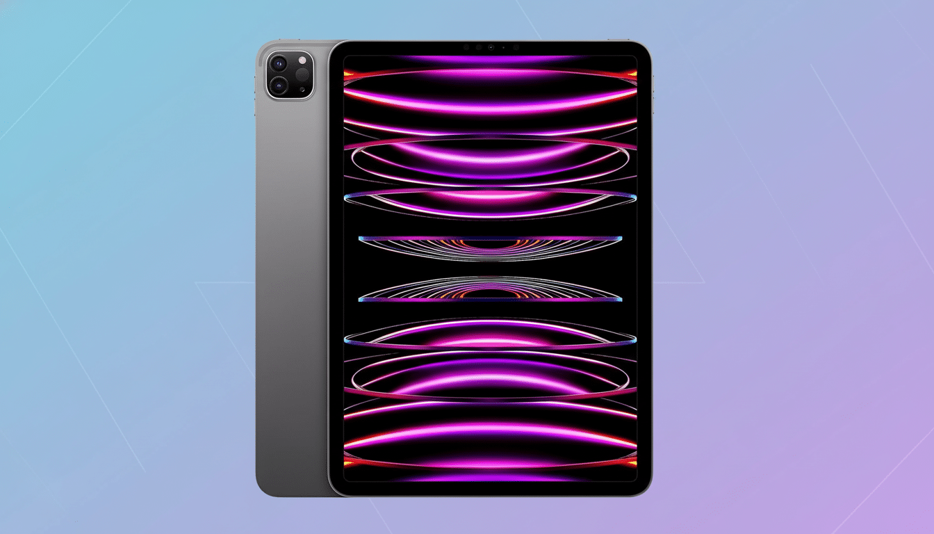An iPad Pro with a dark gray finish and a black screen displaying vibrant pink and purple abstract lines. The device is slightly angled with another iPad Pro directly behind it. The background is a soft gradient of light blue and purple .