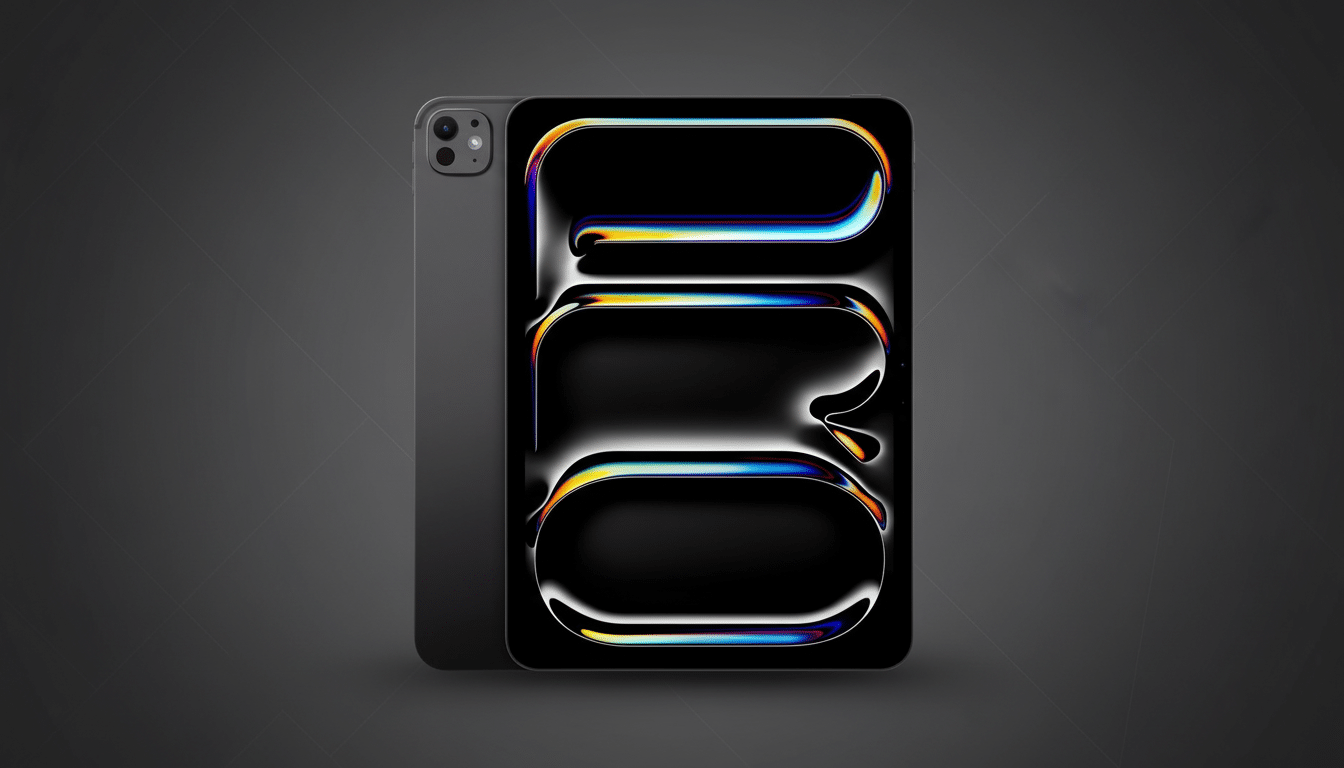 A professional , enhanced image of a dark grey iPad Pro with a glowing abstract wallpaper , presented at a 16: 9 aspect ratio on a subtle dark grey patterned background. Filename : ipadpro abstract wallpaperprofessional .png