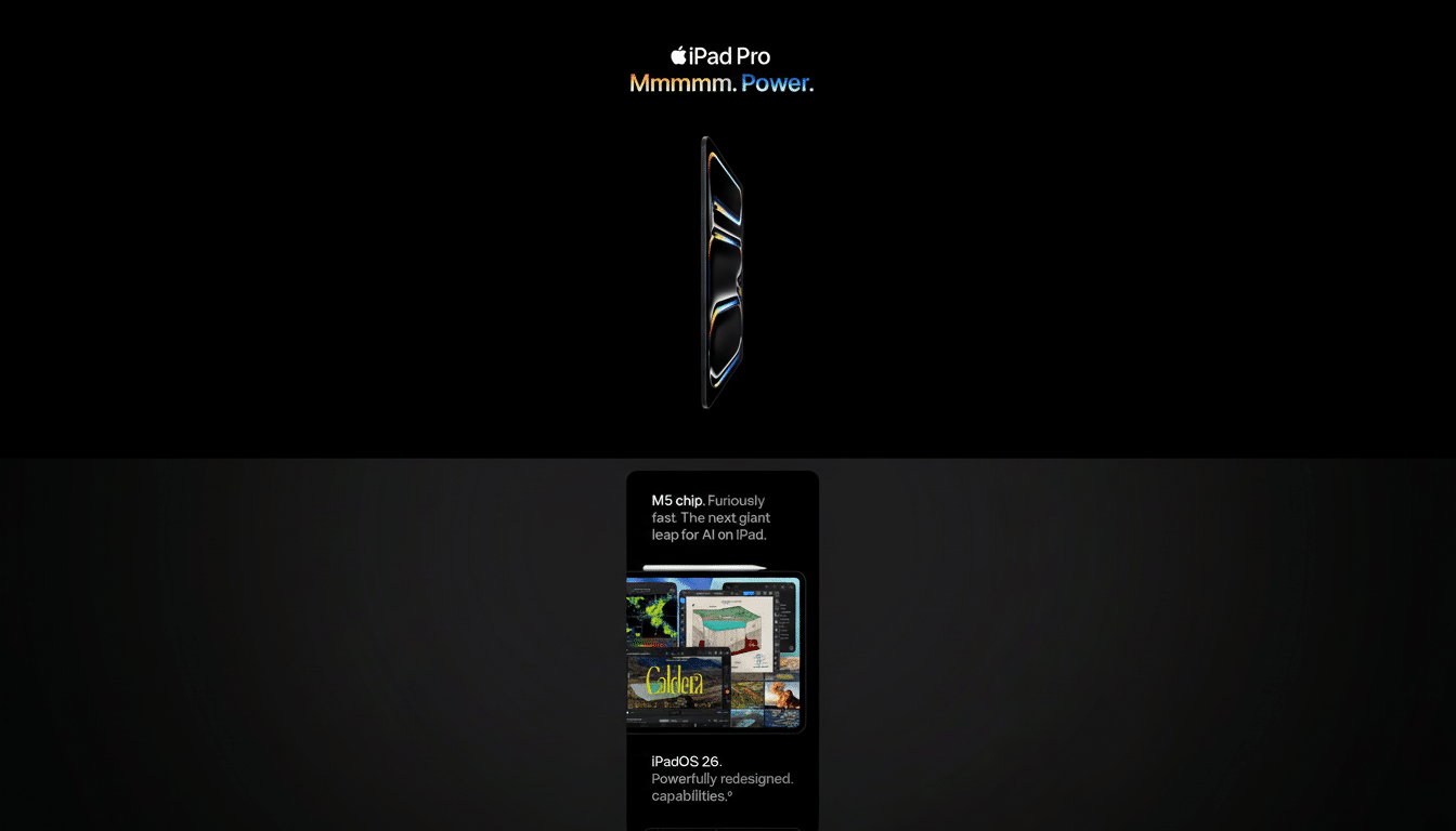 An advertisement for the iPad Pro, featuring the device 's side profile against a black background, with text iPad Pro Mmmmm . Power. and a cropped section detailing M5 chip and iPadOS 26 features. Filename : ipadpro advert isement.png