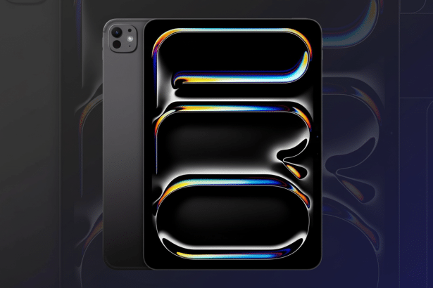 A professional image of an iPad Pro and a dark gray smartphone , presented on a subtle dark background with a gradient and soft, abstract patterns . The devices are positioned to showcase their design, with the tablet displaying a vibrant, iridescent abstract pattern.