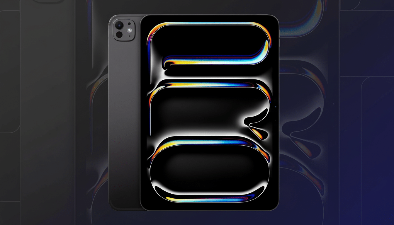 A professional image of an iPad Pro and a dark gray smartphone , presented on a subtle dark background with a gradient and soft, abstract patterns . The devices are positioned to showcase their design, with the tablet displaying a vibrant, iridescent abstract pattern.