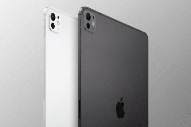Two iPad Pro devices , one white and one space gray, shown from the back with a slight angle, against a soft gray background with subtle geometric patterns .