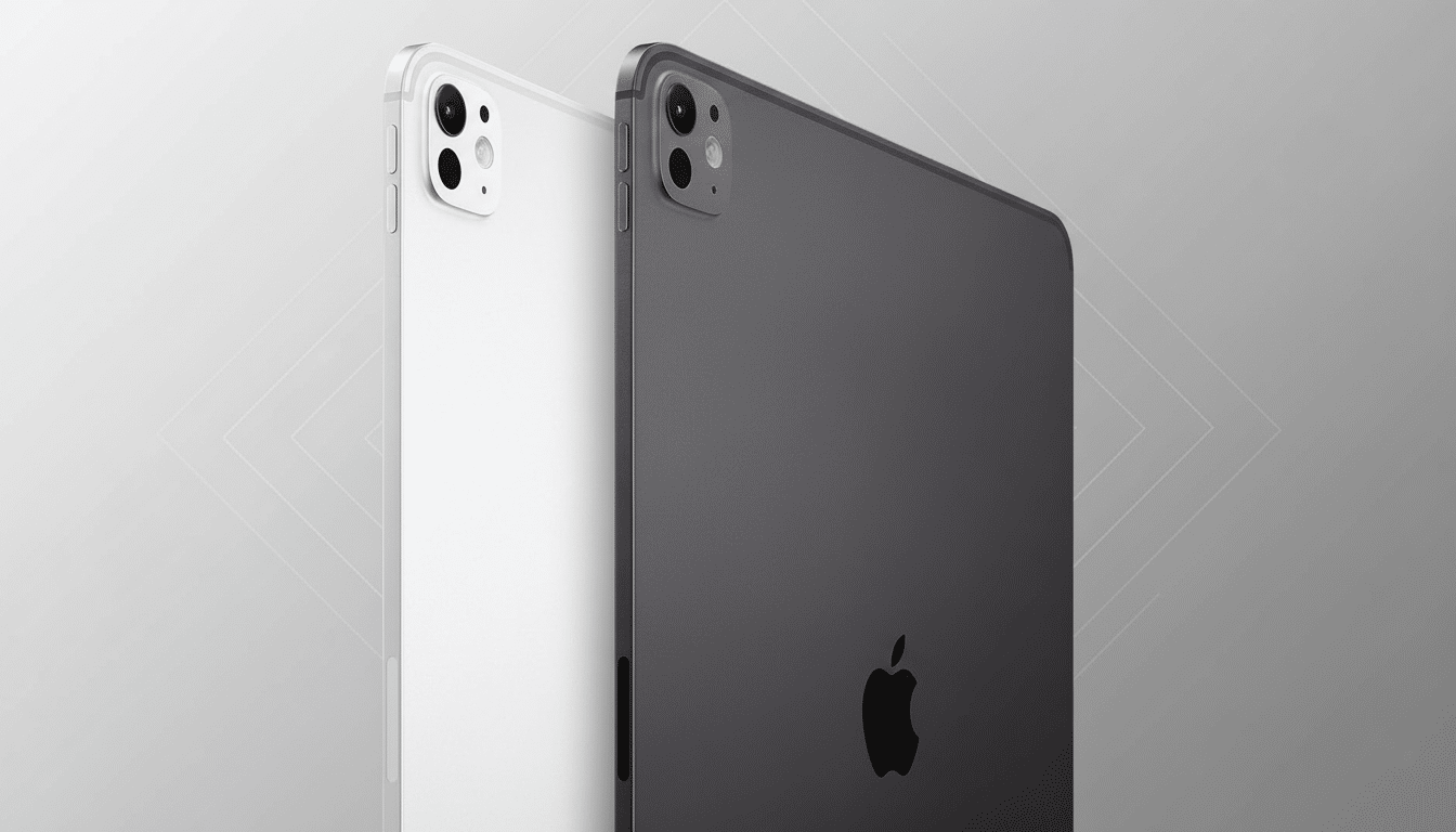 Two iPad Pro devices , one white and one space gray, shown from the back with a slight angle, against a soft gray background with subtle geometric patterns .