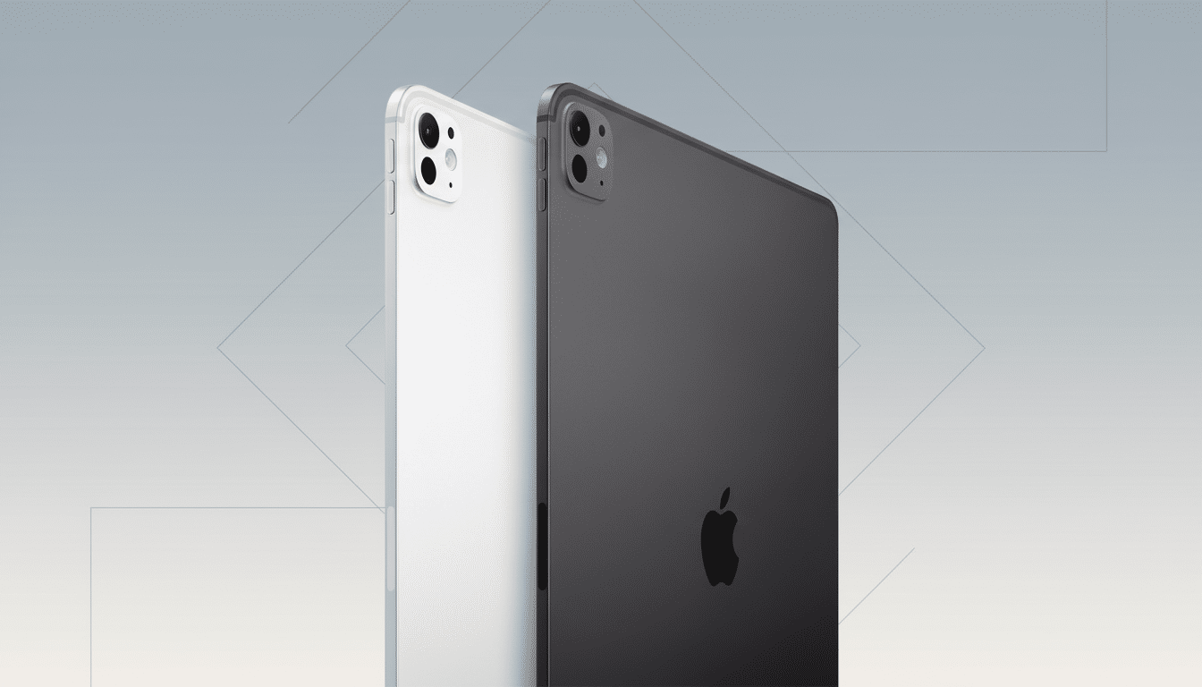 A white iPad Pro and a space gray iPad Pro are shown from the back , slightly angled, against a professional flat design background with subtle geometric patterns and a soft gray gradient. Filename : ipadpro du oprofessional background.png