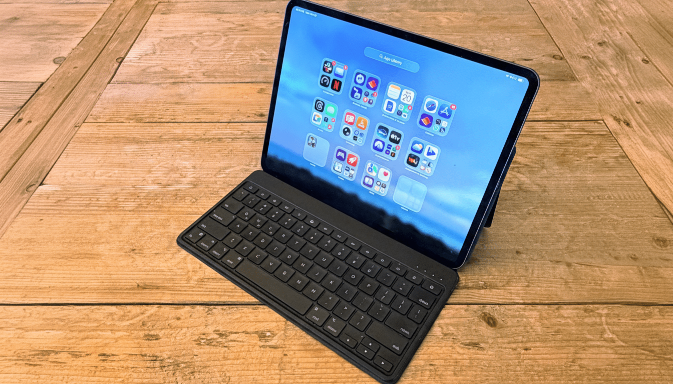 An iPad Pro with a black Magic Keyboard case sits on a rustic wooden table , displaying the App Library on its screen .