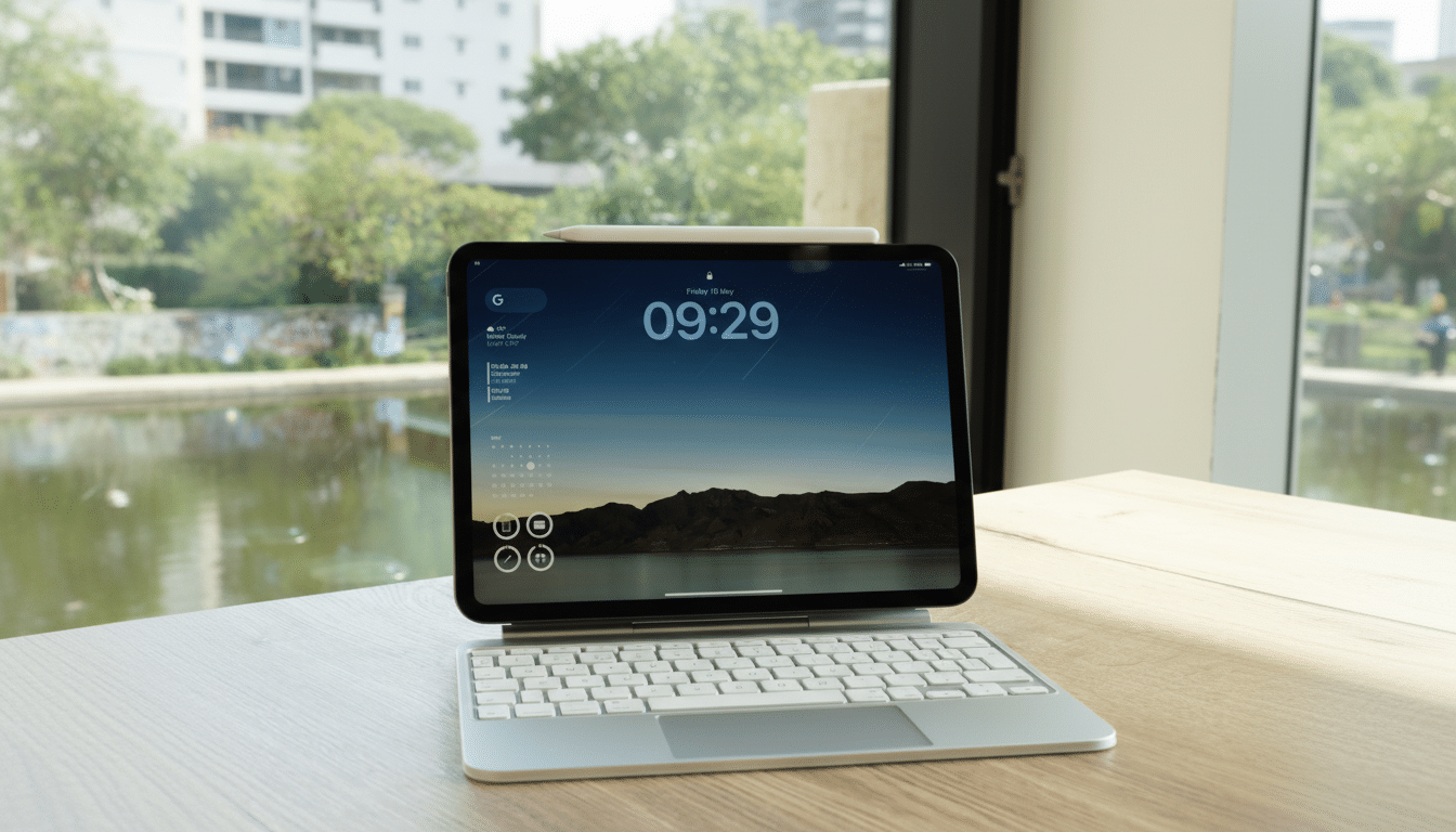 An iPad Pro with a Magic Keyboard and an Apple Pencil sits on a wooden table, displaying a lock screen with the time 09: 2 9, date Friday 10 May, weat