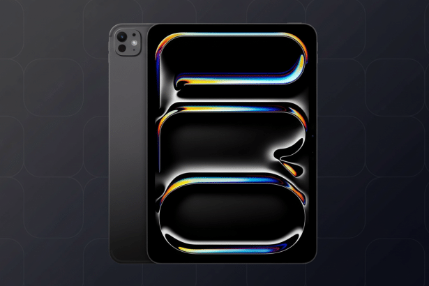 A dark gray iPad Pro and its back view , displayed on a professional dark background with subtle geometric patterns. Filename : ipadpro professionaldisplay .png