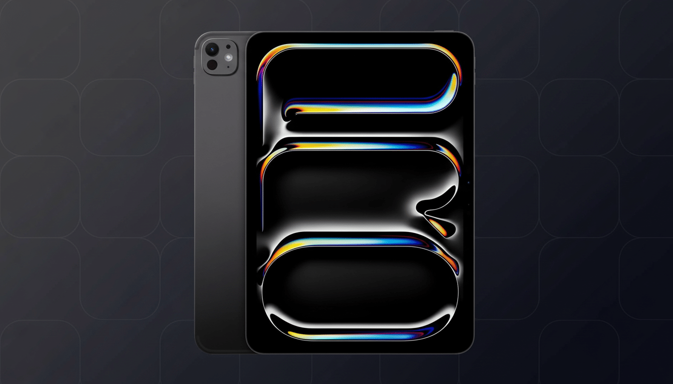 A dark gray iPad Pro and its back view , displayed on a professional dark background with subtle geometric patterns. Filename : ipadpro professionaldisplay .png