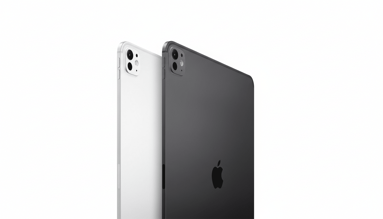 A professional , 16 :9 aspect ratio image showing the back of a white and a dark gray iPad Pro, preserving the original white background. Filename : ipadpro white gray back 16 9.png*