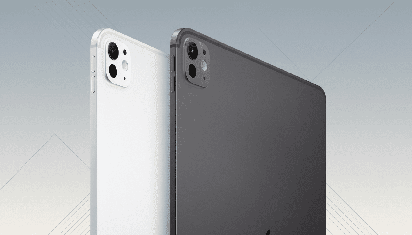 A white and a space gray iPad Pro, seen from the back, at a slight angle. The background is a professional flat design with soft gray gradients and subtle geometric patterns. Filename : ipadpro whitespace grayprofessional .png