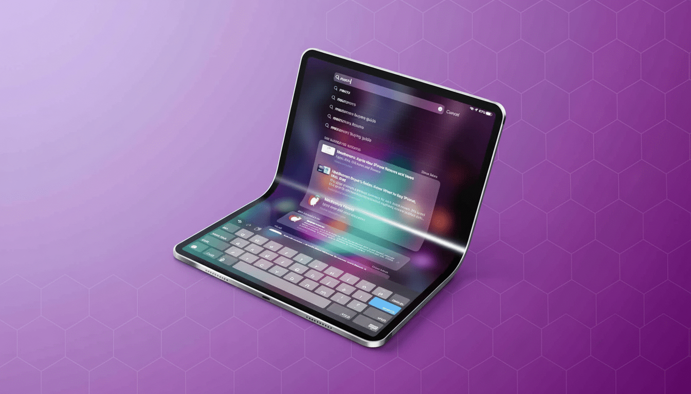 An iPad displaying a search interface with suggested results, on a flat design background with soft patterns.