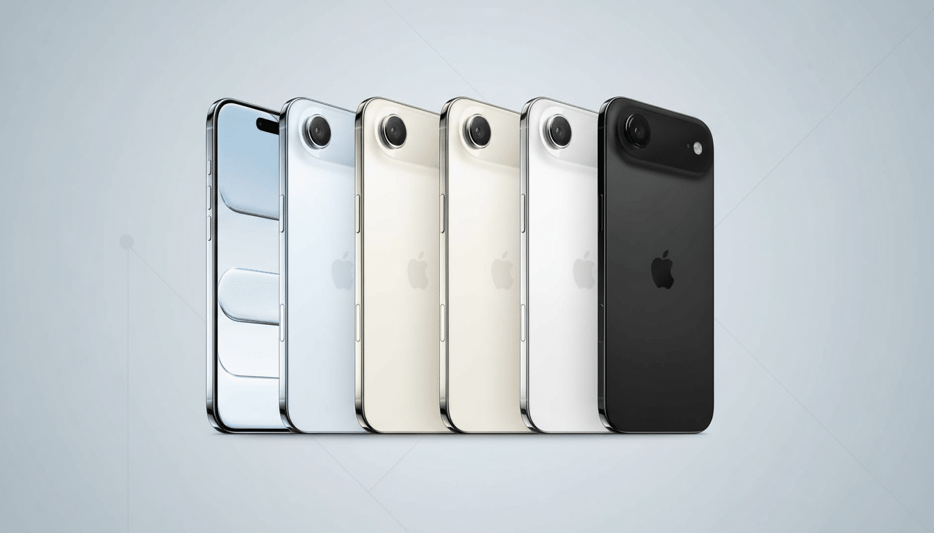 Five iPhones in various colors ( blue, light blue, gold, white, and black) arranged diagonally on a professional light gray background with subtle geo