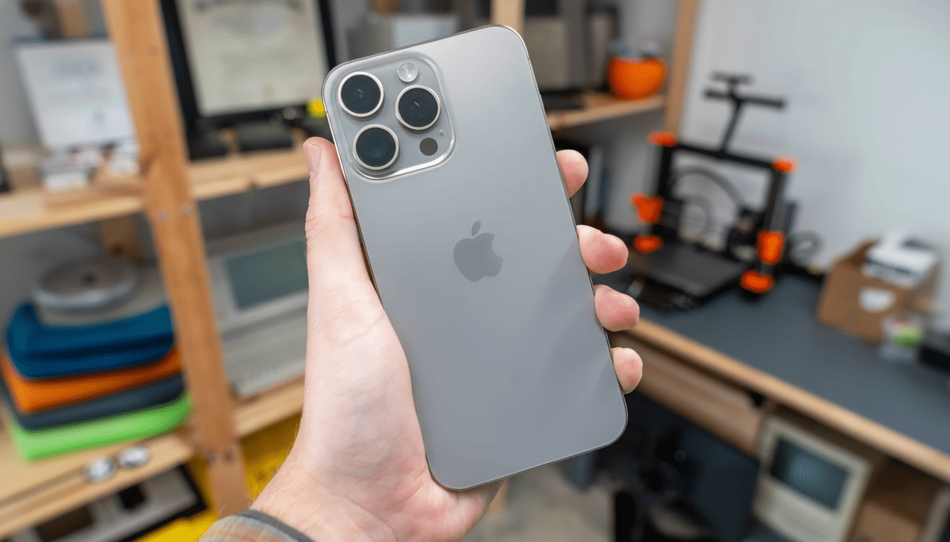 A hand holds a silver iPhone 13 Pro in a workshop setting, showcasing the triple-camera system and Apple logo. The image is resized to a 1 6: 9 aspect