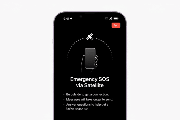 A professional depiction of an iPhone screen displaying the Emergency SOS via Satellite feature. The screen shows a simplified icon of a smartphone co