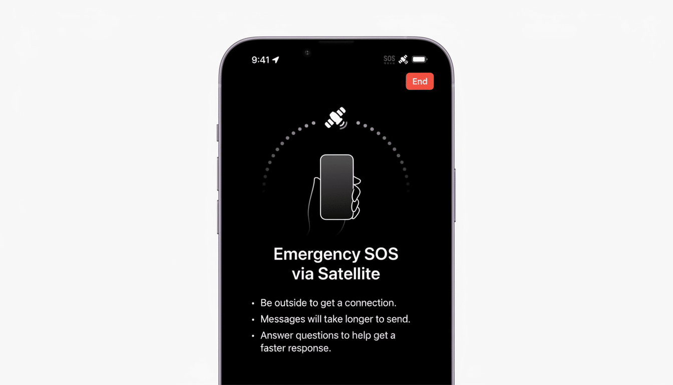 A professional depiction of an iPhone screen displaying the Emergency SOS via Satellite feature. The screen shows a simplified icon of a smartphone co