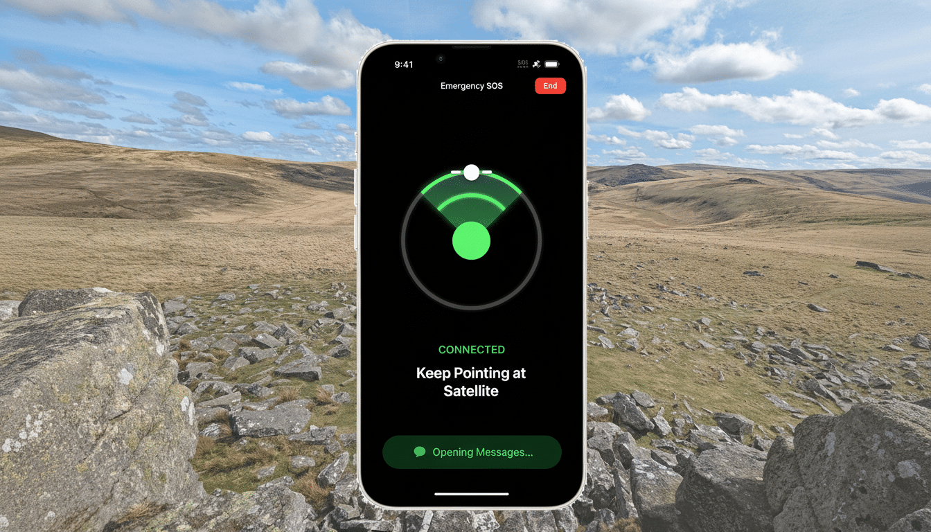 A white iPhone displaying an Emergency SOS screen with a satellite connection interface, set against a rocky, mountainous landscape under a cloudy sky