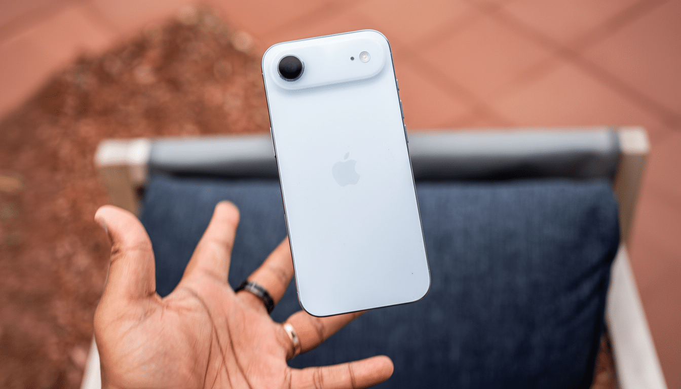 A hand holding a white iPhone 14, with the Apple logo visible on the back, against a blurred outdoor background.
