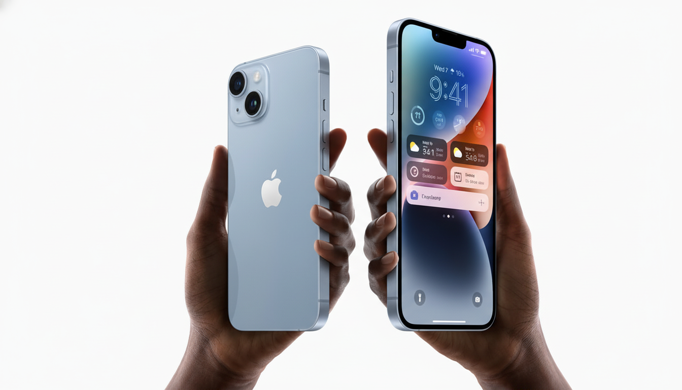 A pair of hands holding two light blue iPhone 1 4 models against a clean white background. One phone shows its back with the Apple logo, while the oth