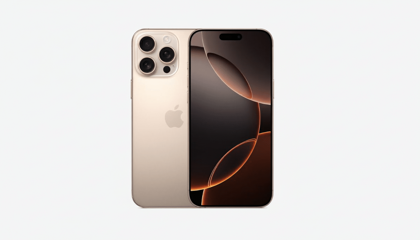 A gold iPhone 1 4 Pro Max is shown from the back and front, with the screen displaying an abstract orange and black wallpaper .