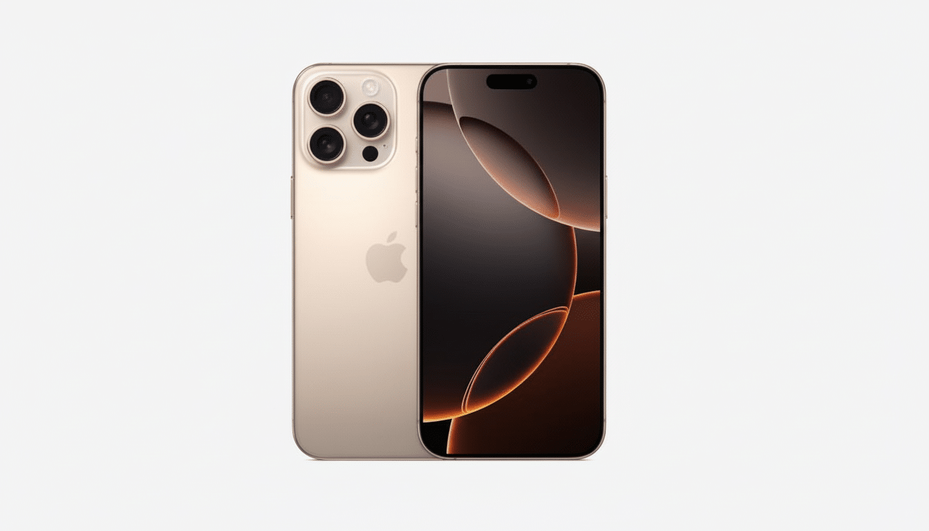 A gold iPhone 1 4 Pro Max, shown from the front and back, with its screen displaying an abstract orange and black wallpaper .