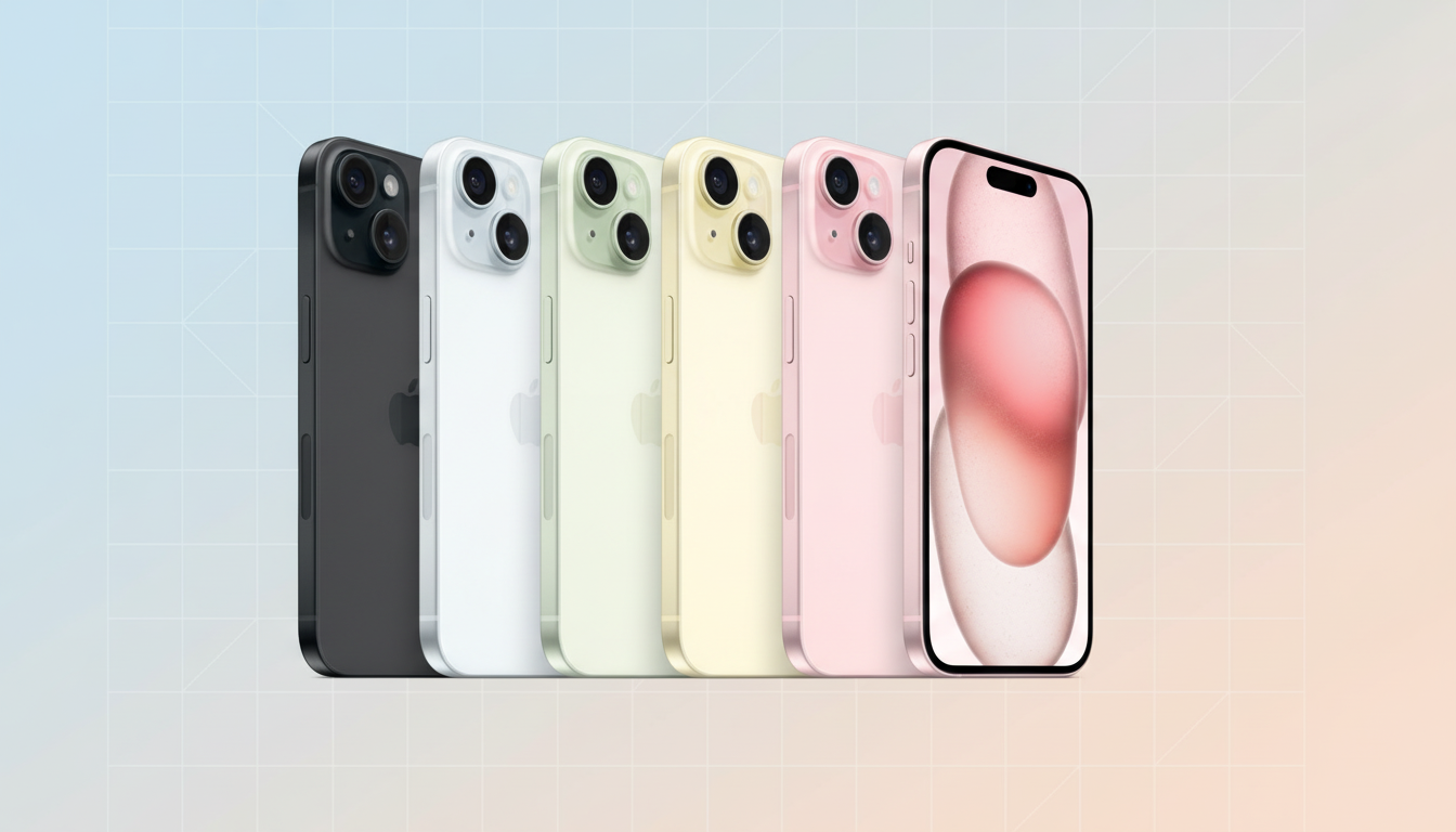 Six iPhone 15 models in black, white, green, yellow, and pink, with the pink model displaying a dynamic island, arranged on a soft gradient background.