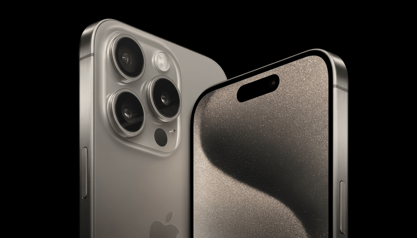 Close -up of two iPhone 15 Pro phones, one facing forward showing the screen and Dynamic Island, and the other slightly behind and angled, showing its