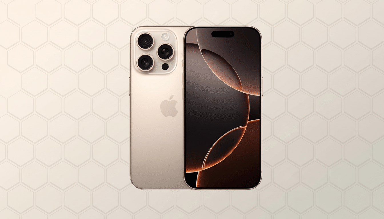 A gold iPhone 15 Pro Max displayed from the front and back against a professional, light beige background with a subtle hexagonal pattern.