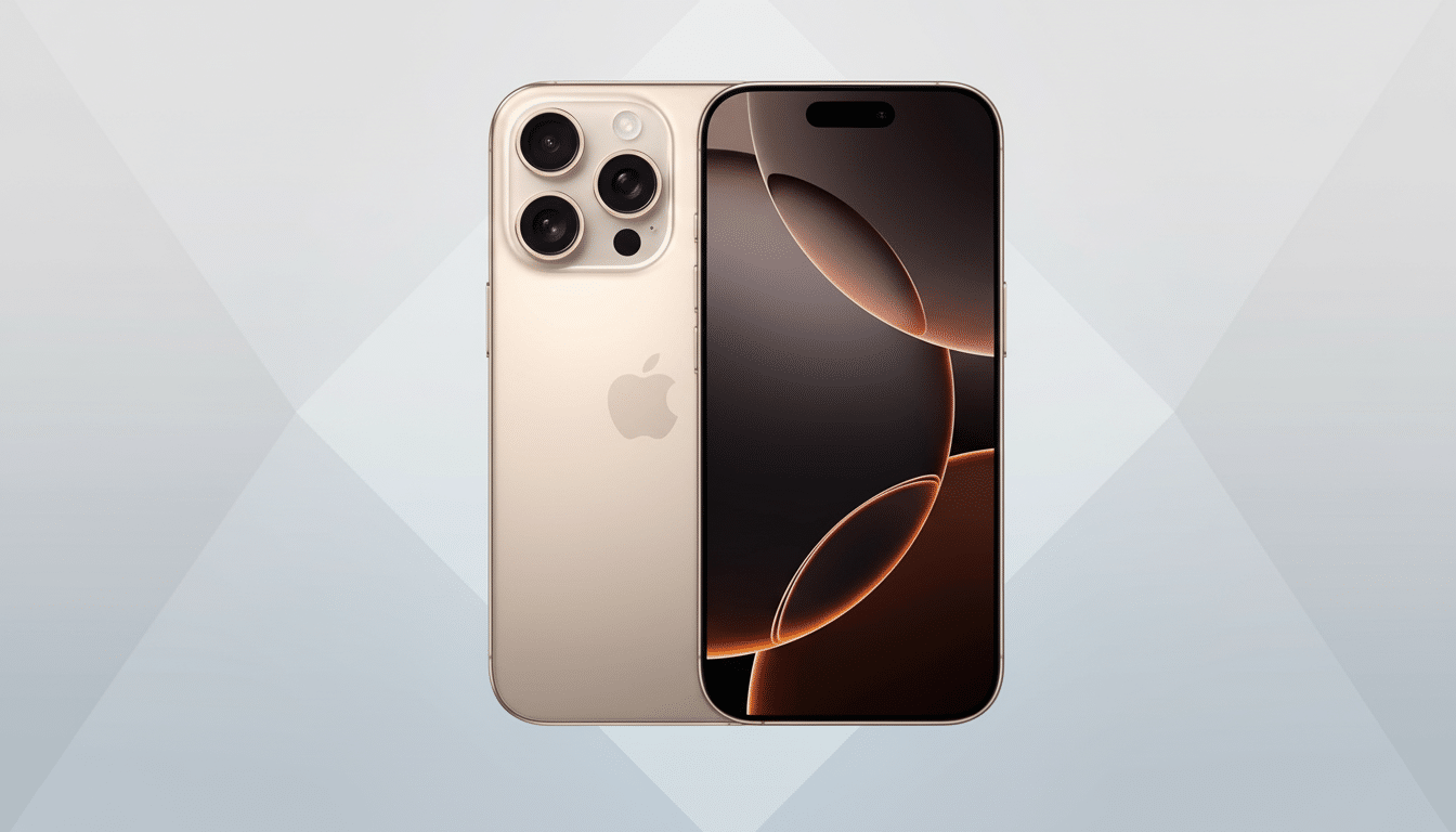 The resized and enhanced image of the iPhone 15 Pro Max in gold with a professional flat design back