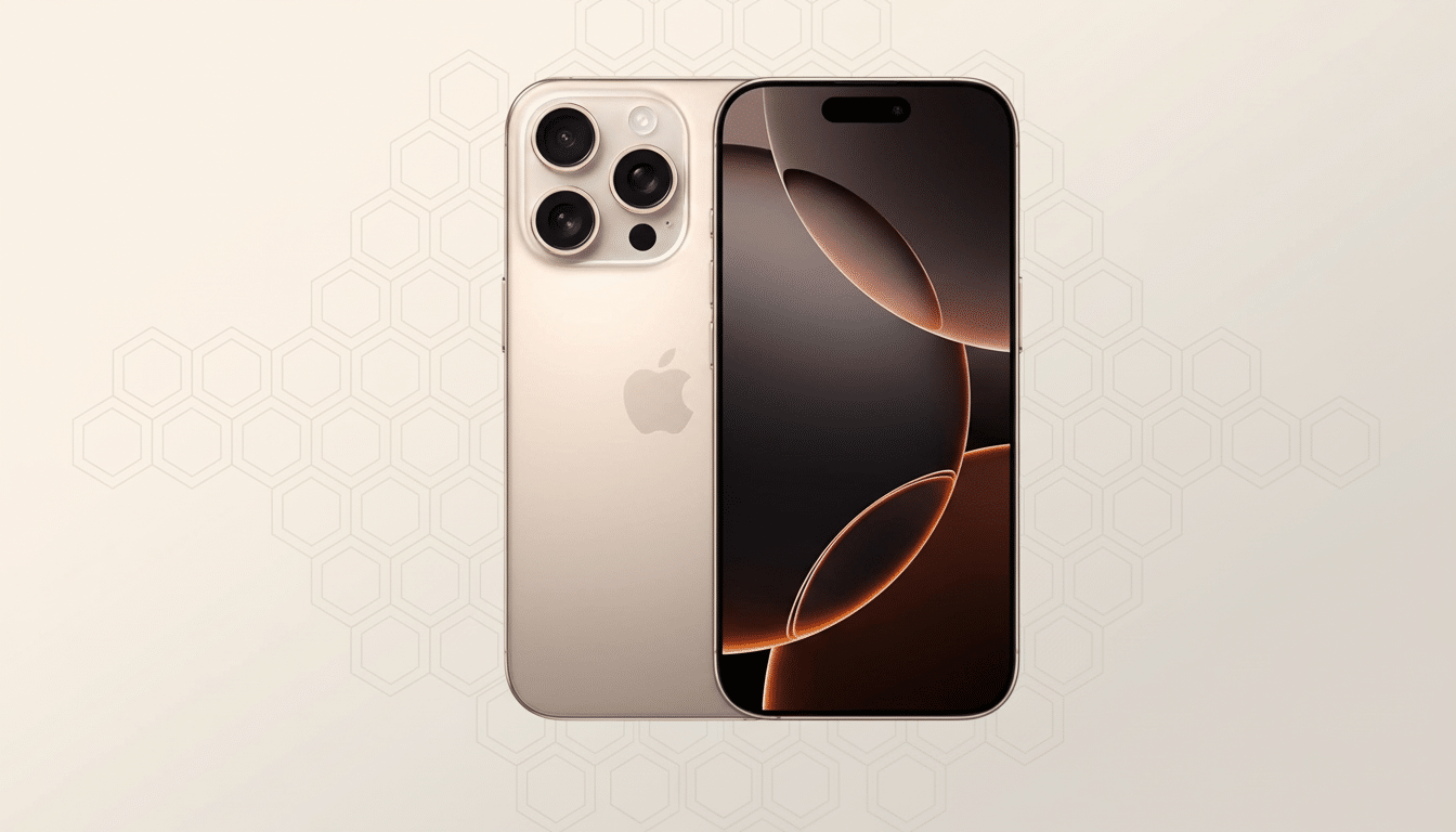 A gold iPhone 1 5 Pro Max, front and back view, on a light beige background with a subtle hexagonal pattern. The front display shows an abstract wallp