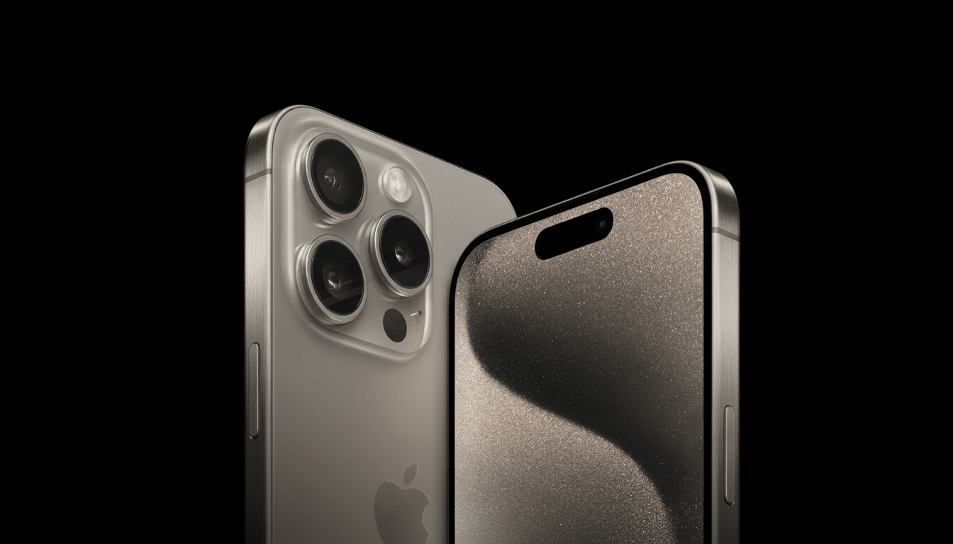 This image shows a close-up of a silver iPhone 15 Pro, with its triple camera system visible on the