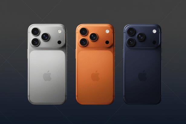 Three iPhone 15s in silver, orange, and blue are displayed against a dark gray background with subtle diagonal patterns, maintaining a professional an