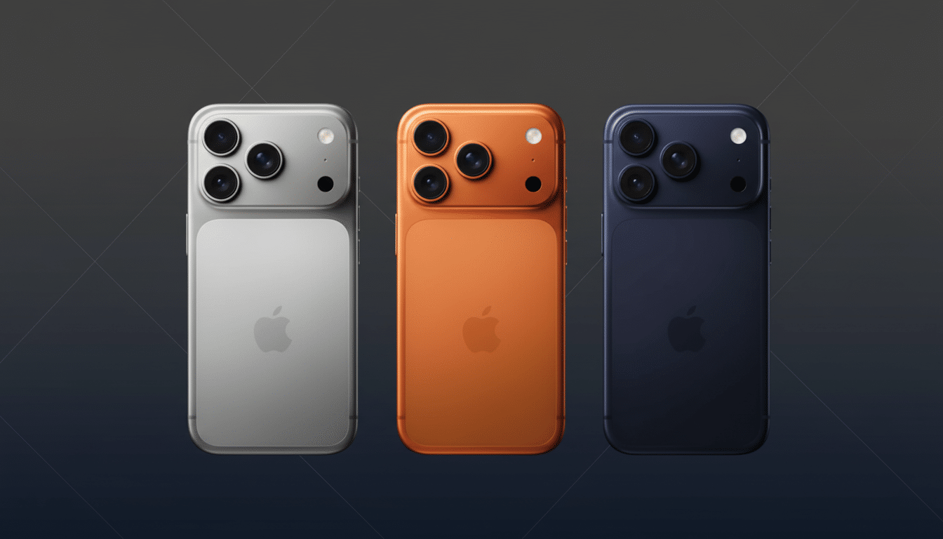 Three iPhone 15s in silver, orange, and blue are displayed against a dark gray background with subtle diagonal patterns, maintaining a professional an